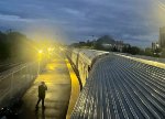 The westbound Canadian departs Winnipeg at dusk